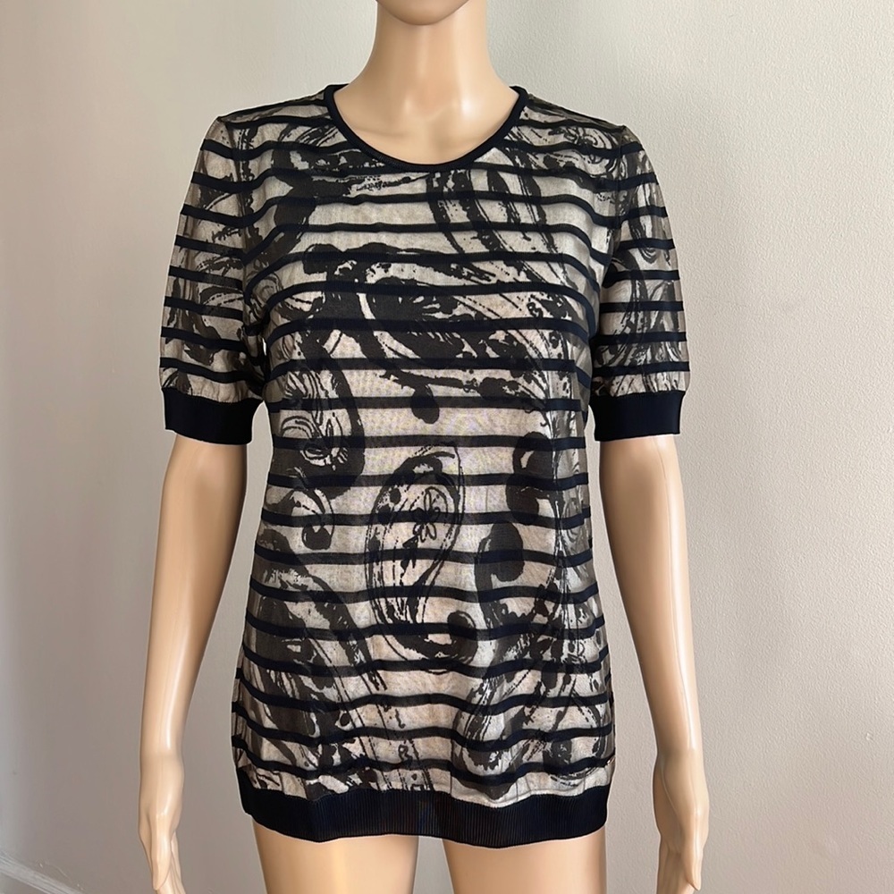 ESCADA Navy Cream Mesh Overlay Short Sleeve Top Size S
